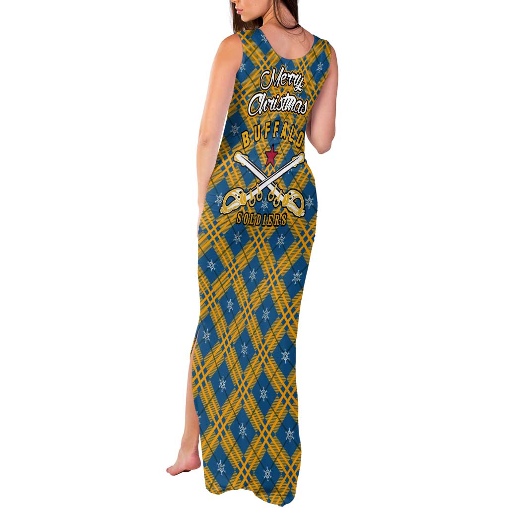 Buffalo Soldiers Christmas Tank Maxi Dress with Blue Yellow Plaid Parade Illustration Design - Wonder Print Shop