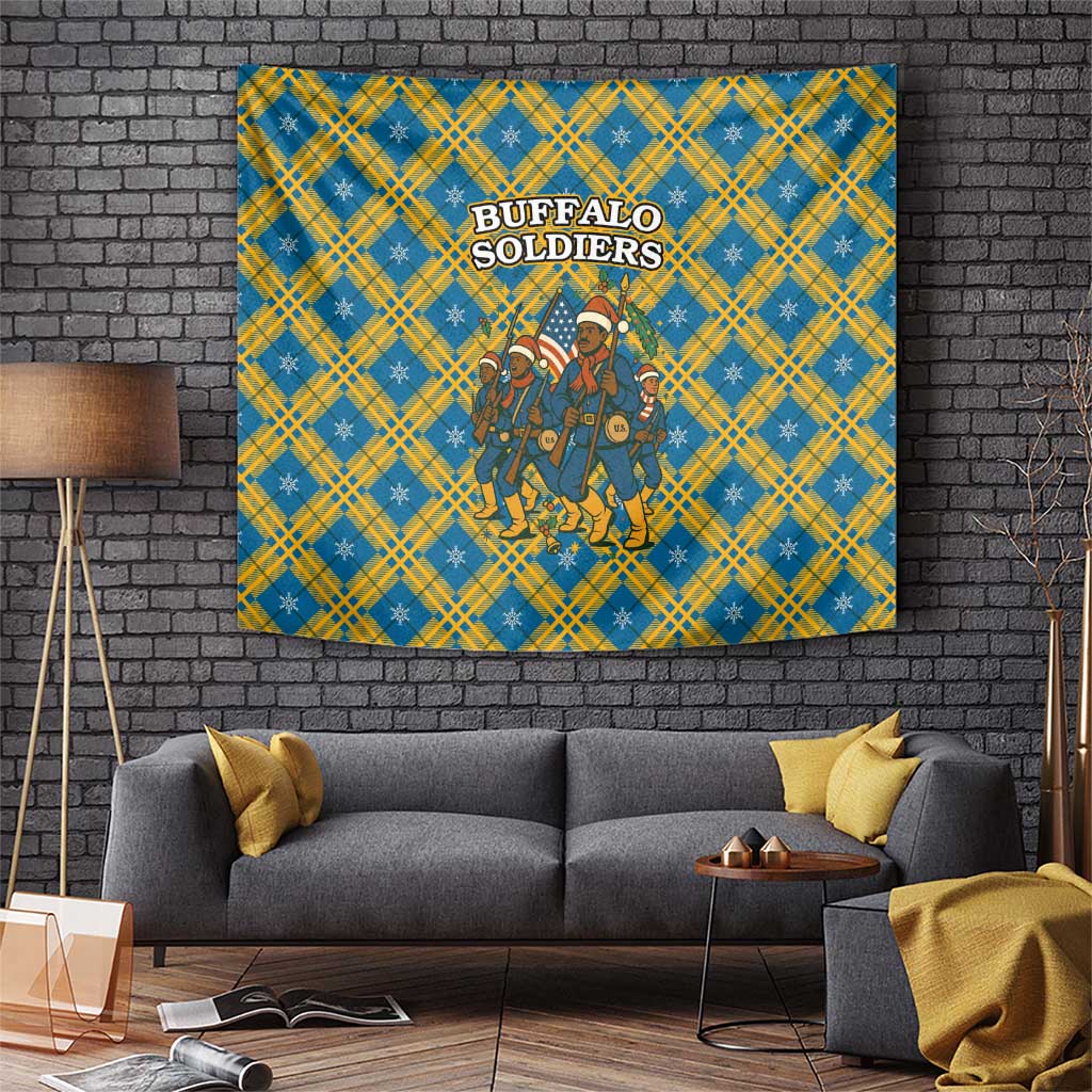 Buffalo Soldiers Christmas Tapestry with Blue Yellow Plaid Parade Illustration Design - Wonder Print Shop