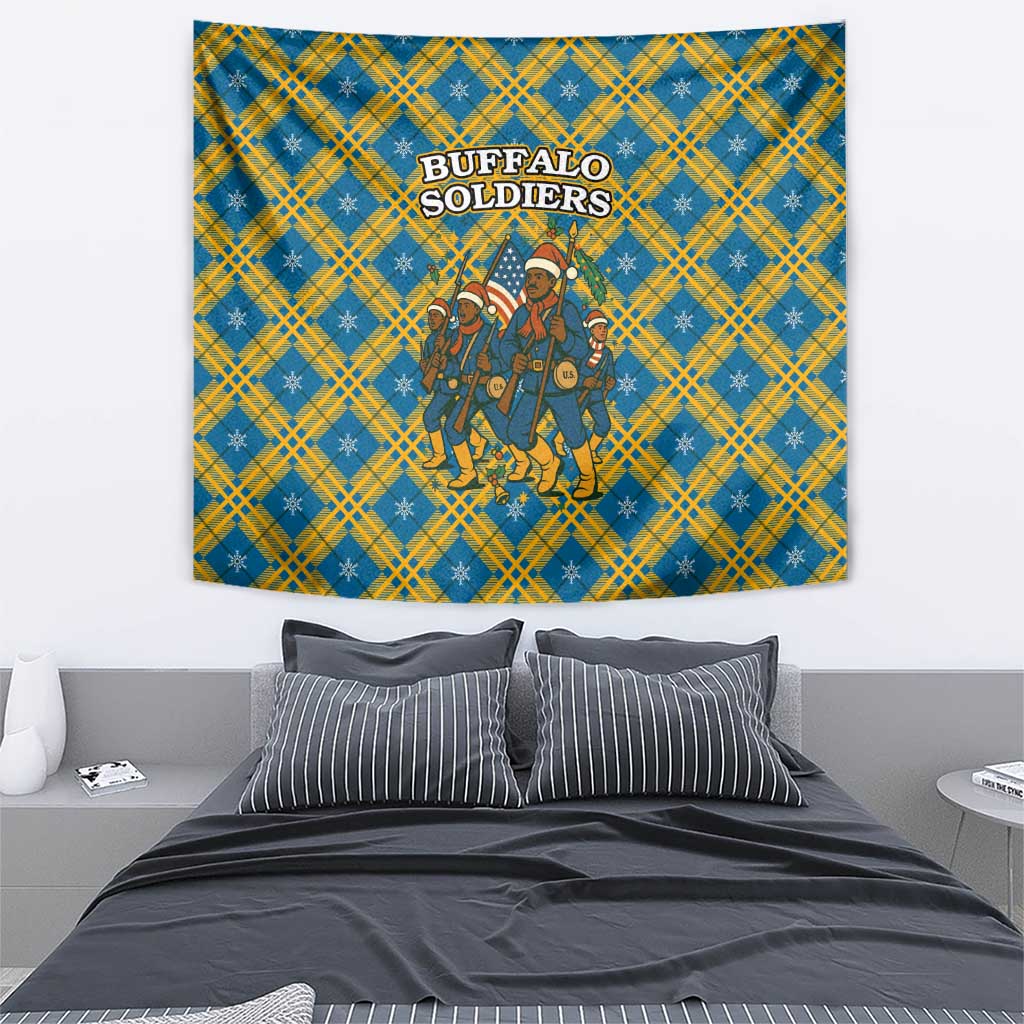 Buffalo Soldiers Christmas Tapestry with Blue Yellow Plaid Parade Illustration Design - Wonder Print Shop