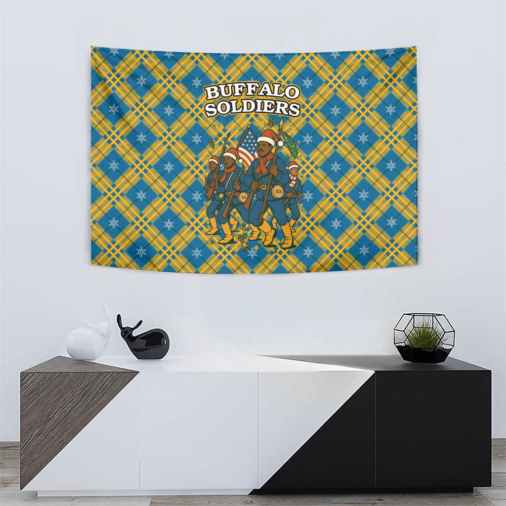 Buffalo Soldiers Christmas Tapestry with Blue Yellow Plaid Parade Illustration Design - Wonder Print Shop