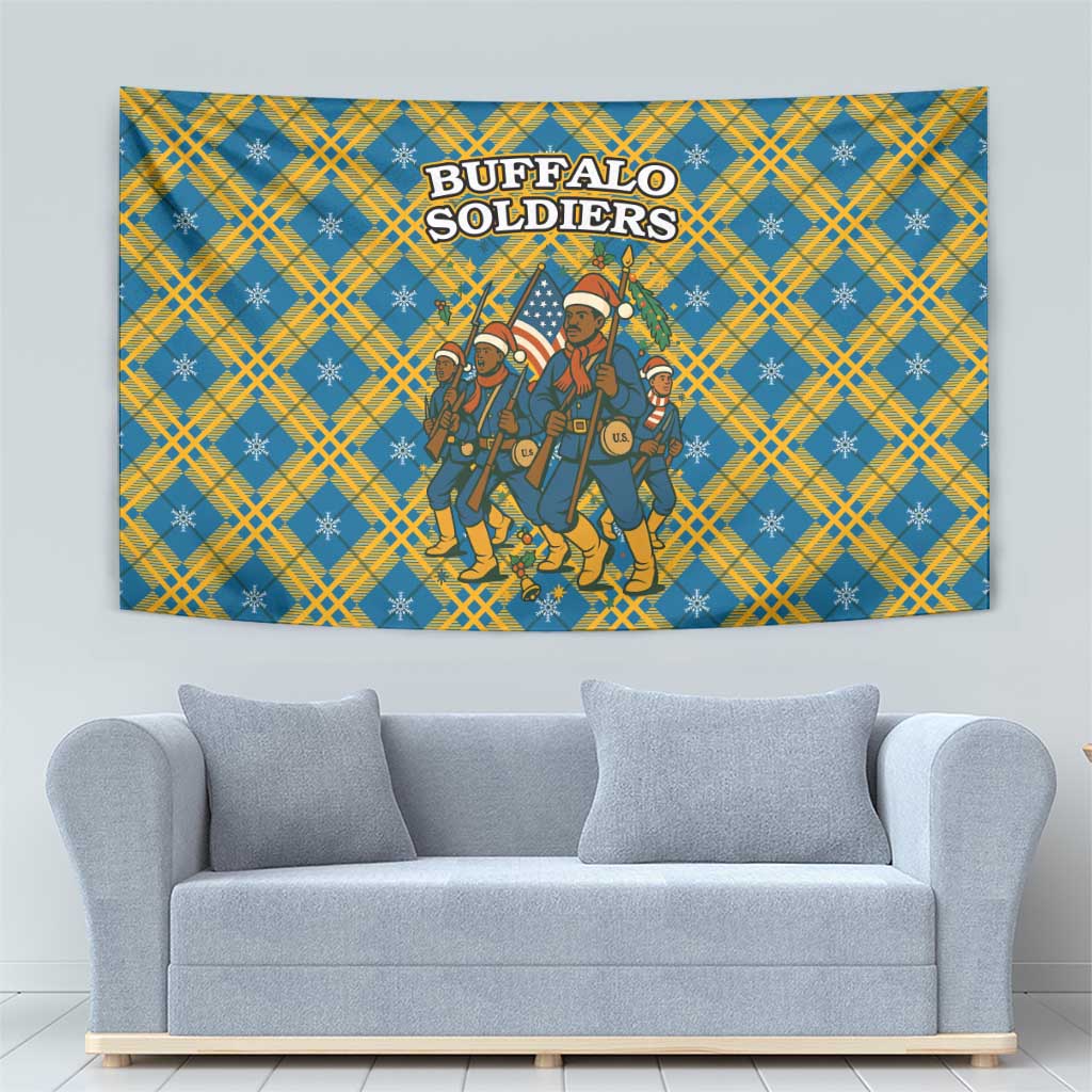 Buffalo Soldiers Christmas Tapestry with Blue Yellow Plaid Parade Illustration Design - Wonder Print Shop