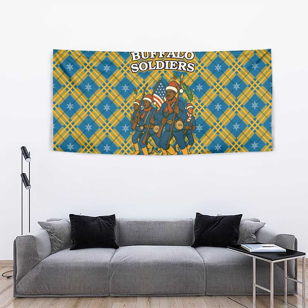 Buffalo Soldiers Christmas Tapestry with Blue Yellow Plaid Parade Illustration Design - Wonder Print Shop