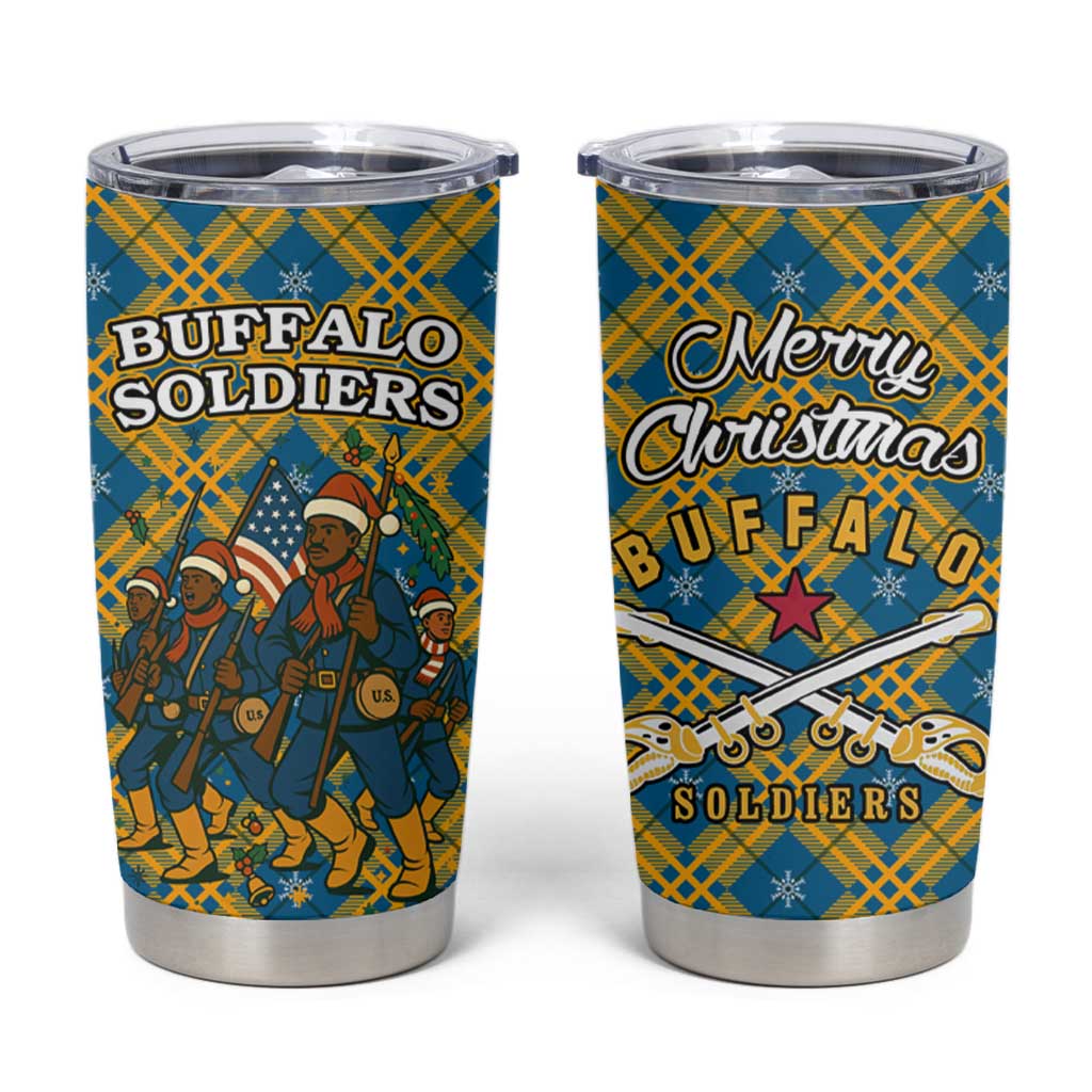 Buffalo Soldiers Christmas Tumbler Cup with Blue Yellow Plaid Parade Illustration Design - Wonder Print Shop