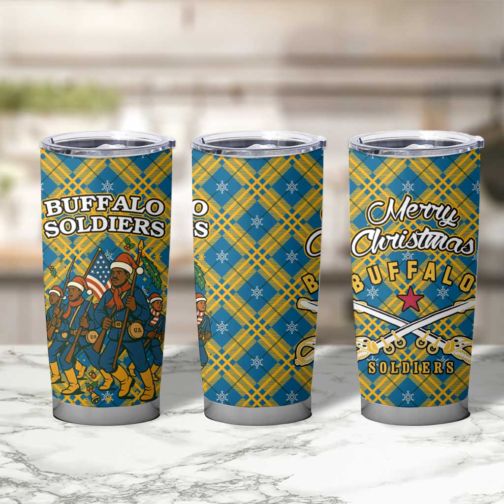 Buffalo Soldiers Christmas Tumbler Cup with Blue Yellow Plaid Parade Illustration Design - Wonder Print Shop