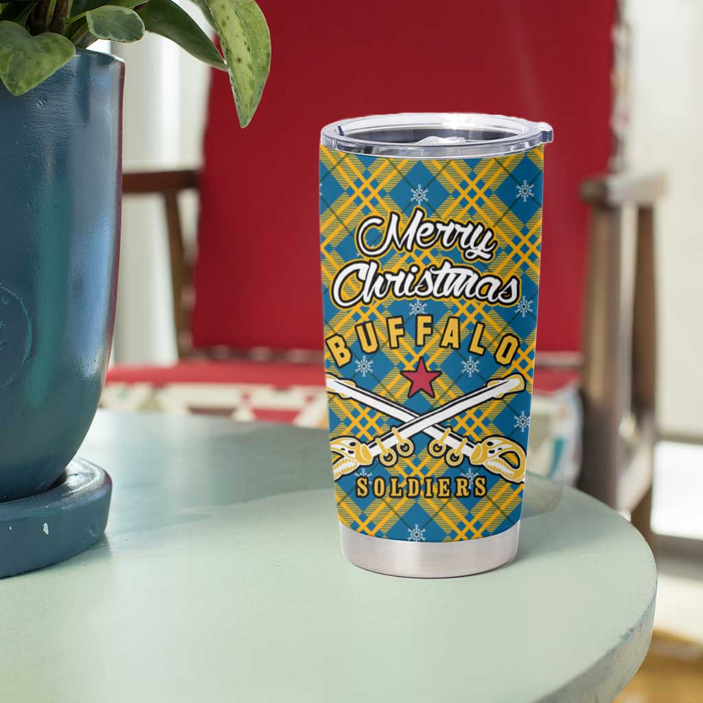 Buffalo Soldiers Christmas Tumbler Cup with Blue Yellow Plaid Parade Illustration Design - Wonder Print Shop