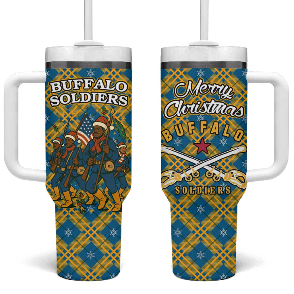 Buffalo Soldiers Christmas Tumbler With Handle with Blue Yellow Plaid Parade Illustration Design - Wonder Print Shop