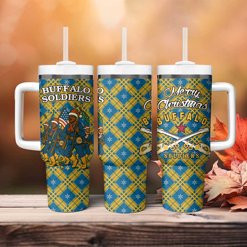 Buffalo Soldiers Christmas Tumbler With Handle with Blue Yellow Plaid Parade Illustration Design - Wonder Print Shop