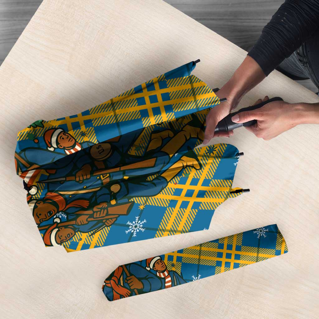 Buffalo Soldiers Christmas Umbrella with Blue Yellow Plaid Parade Illustration Design - Wonder Print Shop