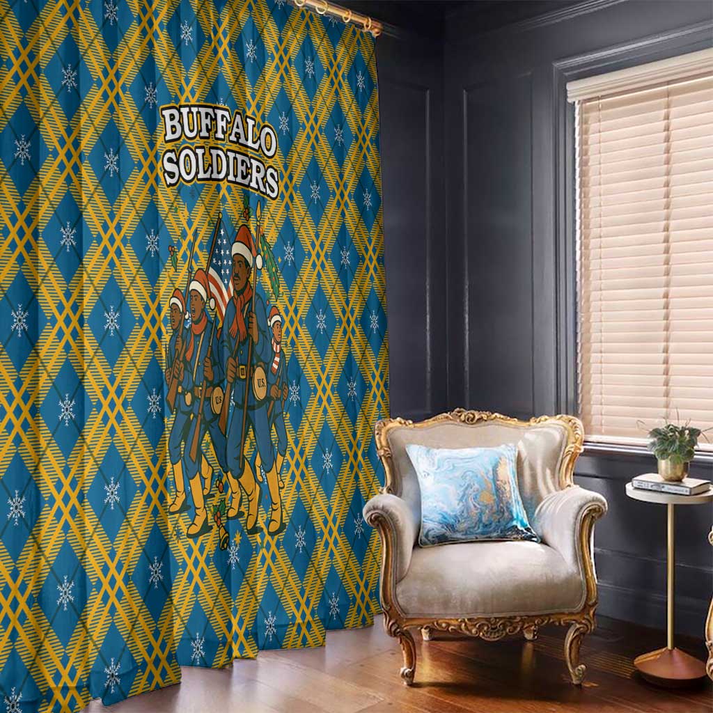 Buffalo Soldiers Christmas Window Curtain with Blue Yellow Plaid Parade Illustration Design - Wonder Print Shop