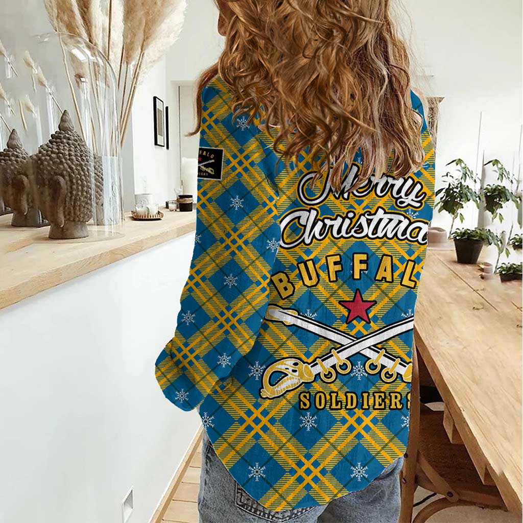 Buffalo Soldiers Christmas Women Casual Shirt with Blue Yellow Plaid Parade Illustration Design - Wonder Print Shop