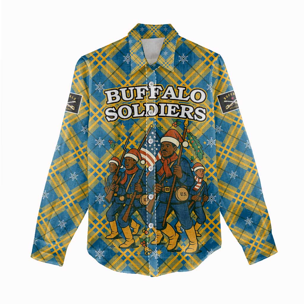 Buffalo Soldiers Christmas Women Casual Shirt with Blue Yellow Plaid Parade Illustration Design - Wonder Print Shop