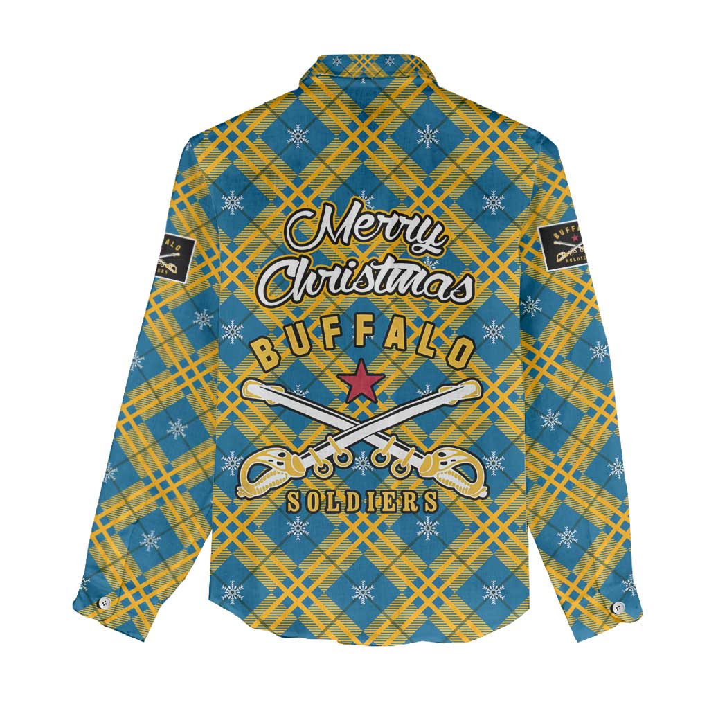 Buffalo Soldiers Christmas Women Casual Shirt with Blue Yellow Plaid Parade Illustration Design - Wonder Print Shop