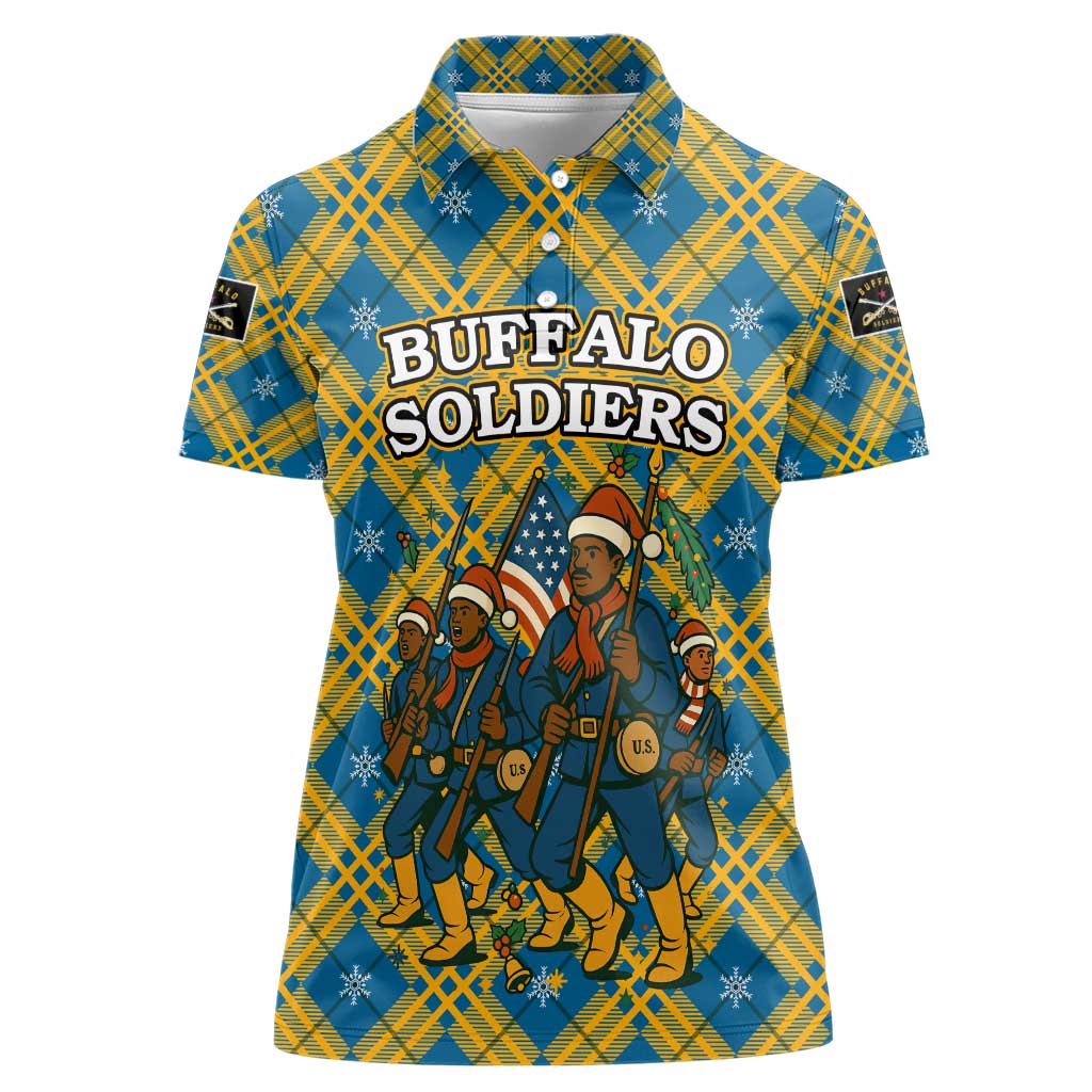 Buffalo Soldiers Christmas Women Polo Shirt with Blue Yellow Plaid Parade Illustration Design - Wonder Print Shop