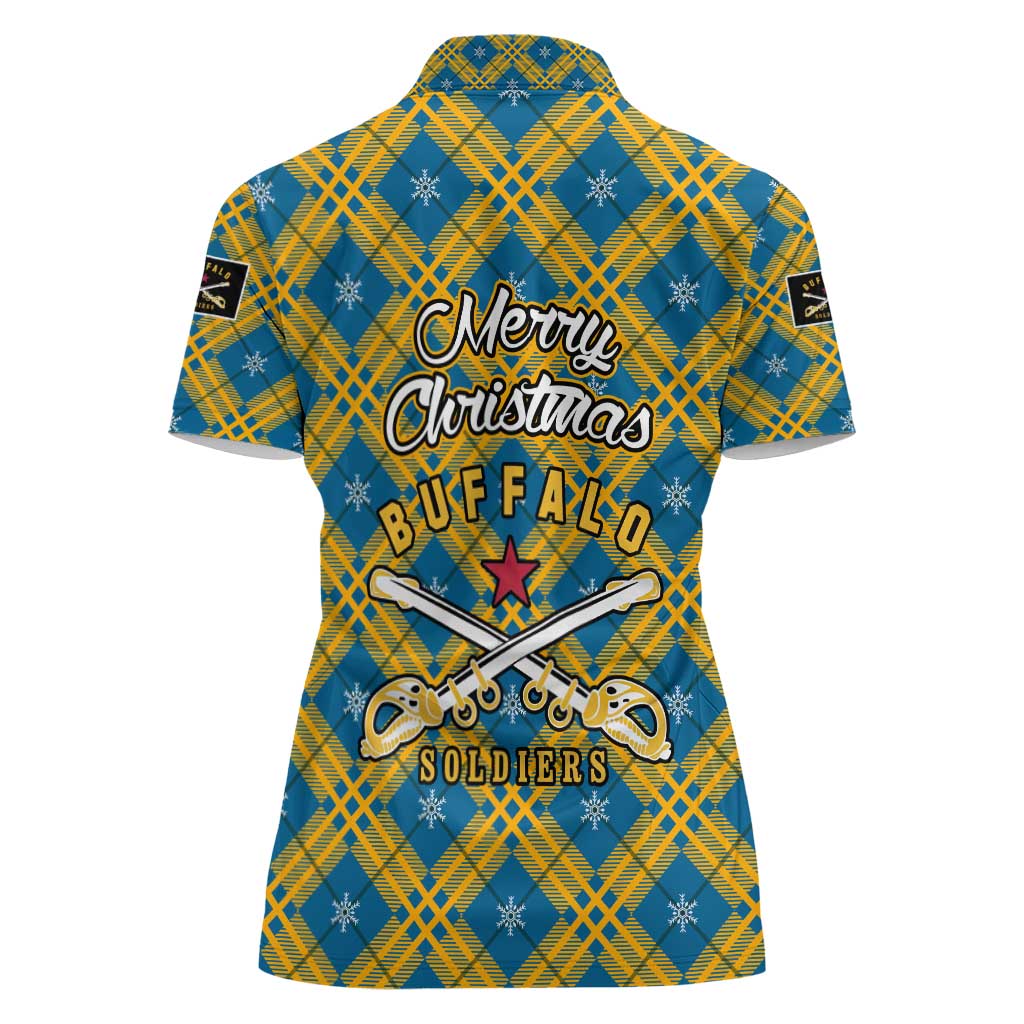 Buffalo Soldiers Christmas Women Polo Shirt with Blue Yellow Plaid Parade Illustration Design - Wonder Print Shop