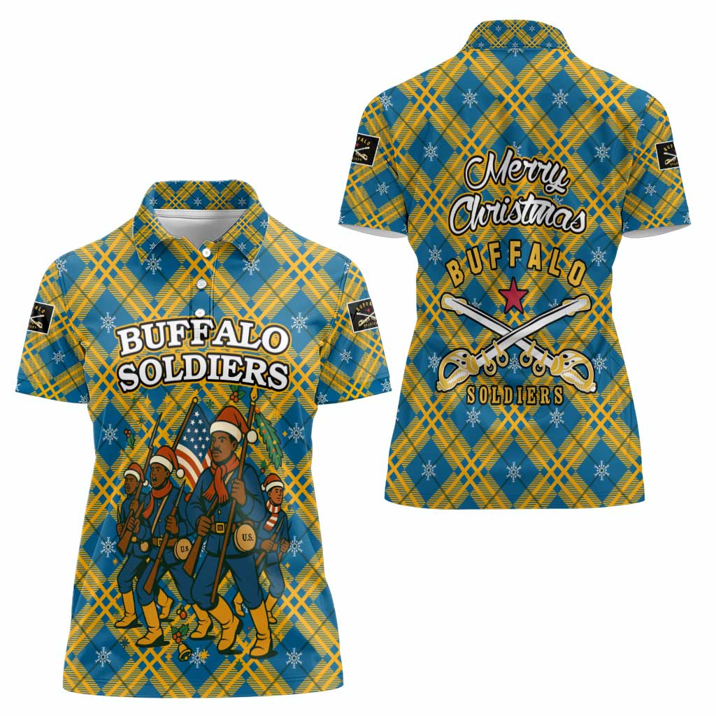 Buffalo Soldiers Christmas Women Polo Shirt with Blue Yellow Plaid Parade Illustration Design - Wonder Print Shop