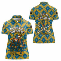 Buffalo Soldiers Christmas Women Polo Shirt with Blue Yellow Plaid Parade Illustration Design - Wonder Print Shop