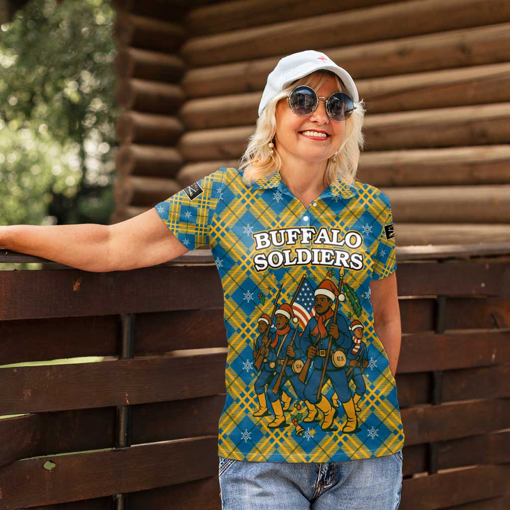 Buffalo Soldiers Christmas Women Polo Shirt with Blue Yellow Plaid Parade Illustration Design - Wonder Print Shop