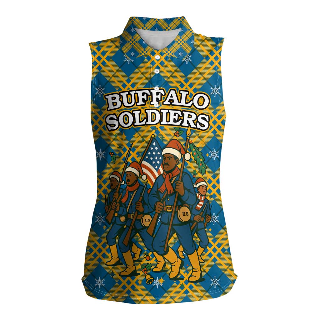 Buffalo Soldiers Christmas Women Sleeveless Polo Shirt with Blue Yellow Plaid Parade Illustration Design - Wonder Print Shop