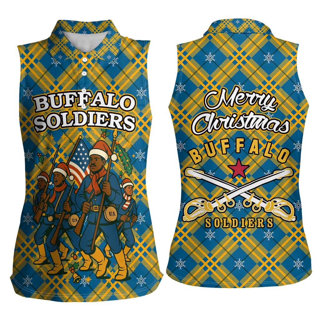 Buffalo Soldiers Christmas Women Sleeveless Polo Shirt with Blue Yellow Plaid Parade Illustration Design - Wonder Print Shop