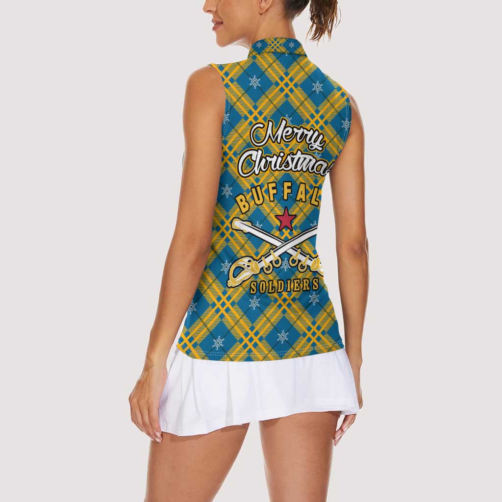 Buffalo Soldiers Christmas Women Sleeveless Polo Shirt with Blue Yellow Plaid Parade Illustration Design - Wonder Print Shop