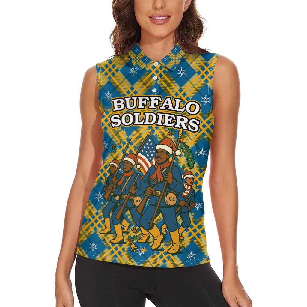 Buffalo Soldiers Christmas Women Sleeveless Polo Shirt with Blue Yellow Plaid Parade Illustration Design - Wonder Print Shop