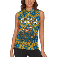 Buffalo Soldiers Christmas Women Sleeveless Polo Shirt with Blue Yellow Plaid Parade Illustration Design - Wonder Print Shop