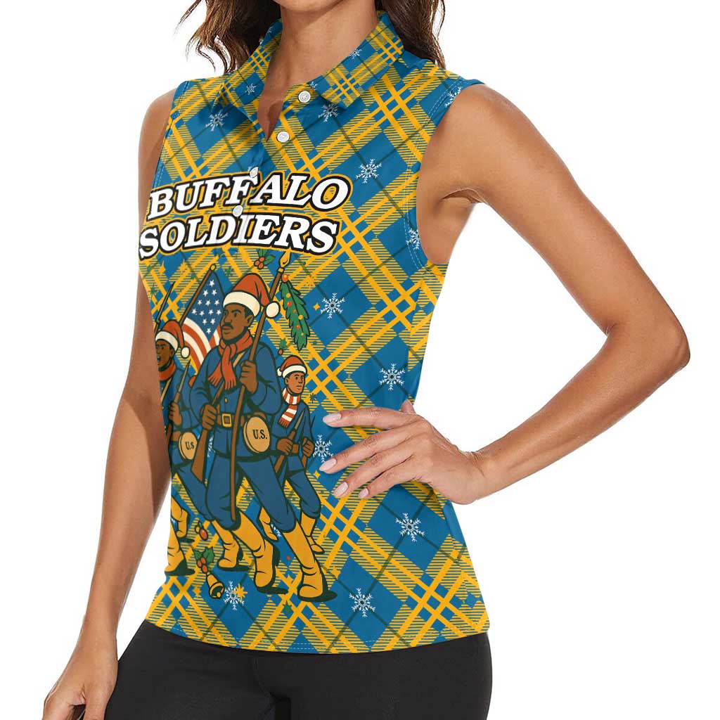 Buffalo Soldiers Christmas Women Sleeveless Polo Shirt with Blue Yellow Plaid Parade Illustration Design - Wonder Print Shop