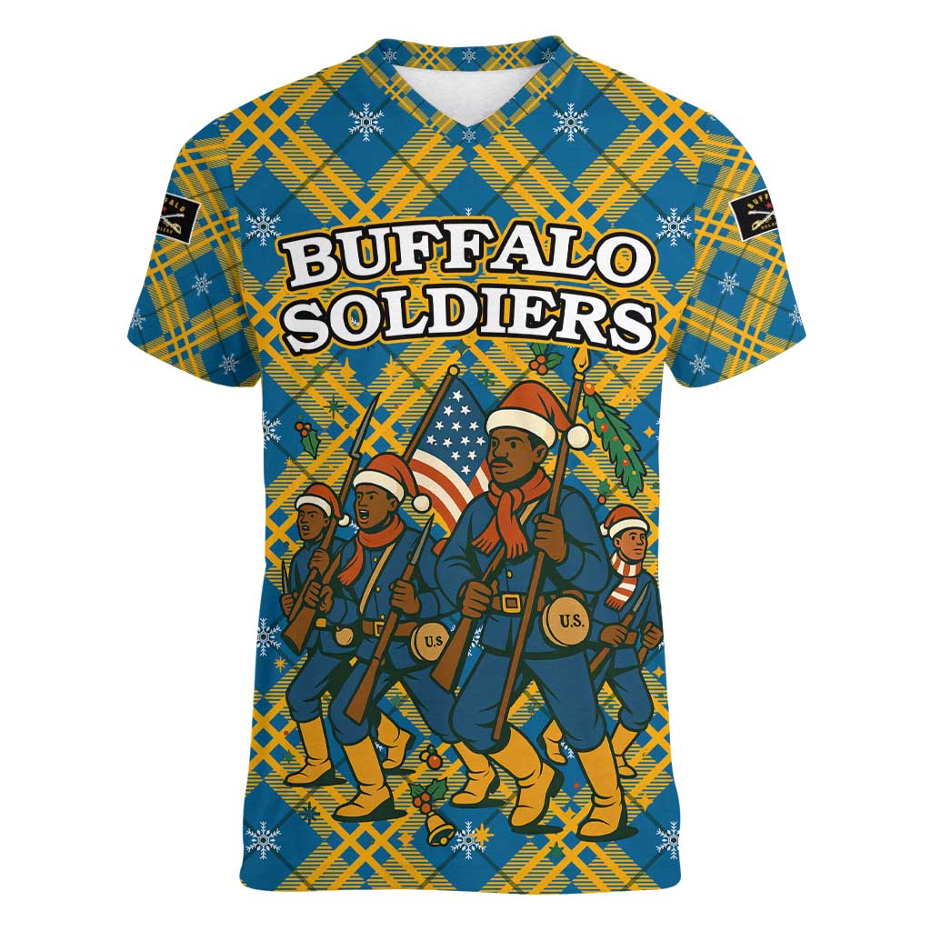 Buffalo Soldiers Christmas Women V-Neck T-Shirt with Blue Yellow Plaid Parade Illustration Design - Wonder Print Shop