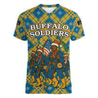 Buffalo Soldiers Christmas Women V-Neck T-Shirt with Blue Yellow Plaid Parade Illustration Design - Wonder Print Shop