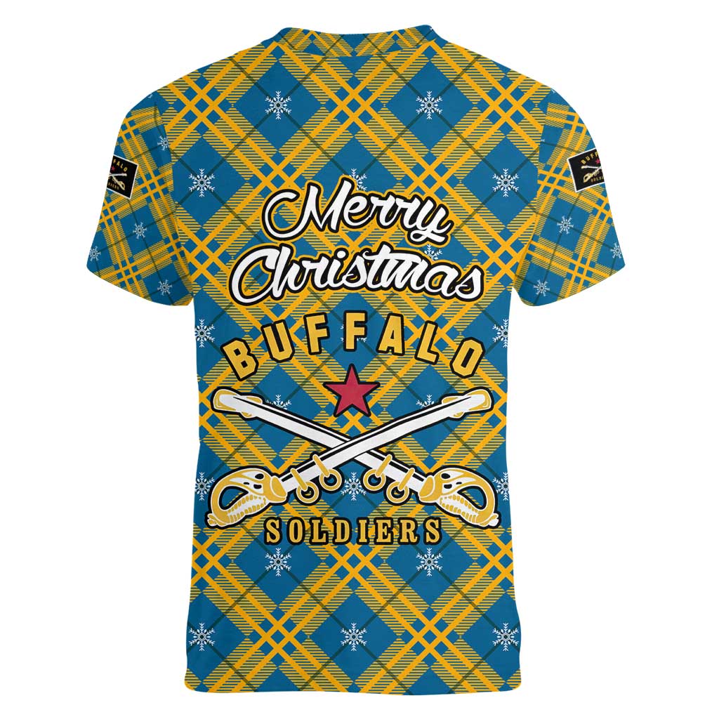 Buffalo Soldiers Christmas Women V-Neck T-Shirt with Blue Yellow Plaid Parade Illustration Design - Wonder Print Shop