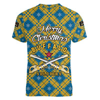 Buffalo Soldiers Christmas Women V-Neck T-Shirt with Blue Yellow Plaid Parade Illustration Design - Wonder Print Shop