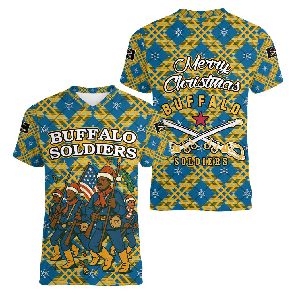 Buffalo Soldiers Christmas Women V-Neck T-Shirt with Blue Yellow Plaid Parade Illustration Design - Wonder Print Shop