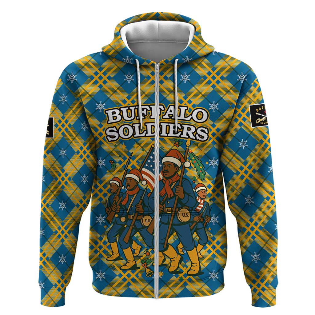 Buffalo Soldiers Christmas Zip Hoodie with Blue Yellow Plaid Parade Illustration Design - Wonder Print Shop