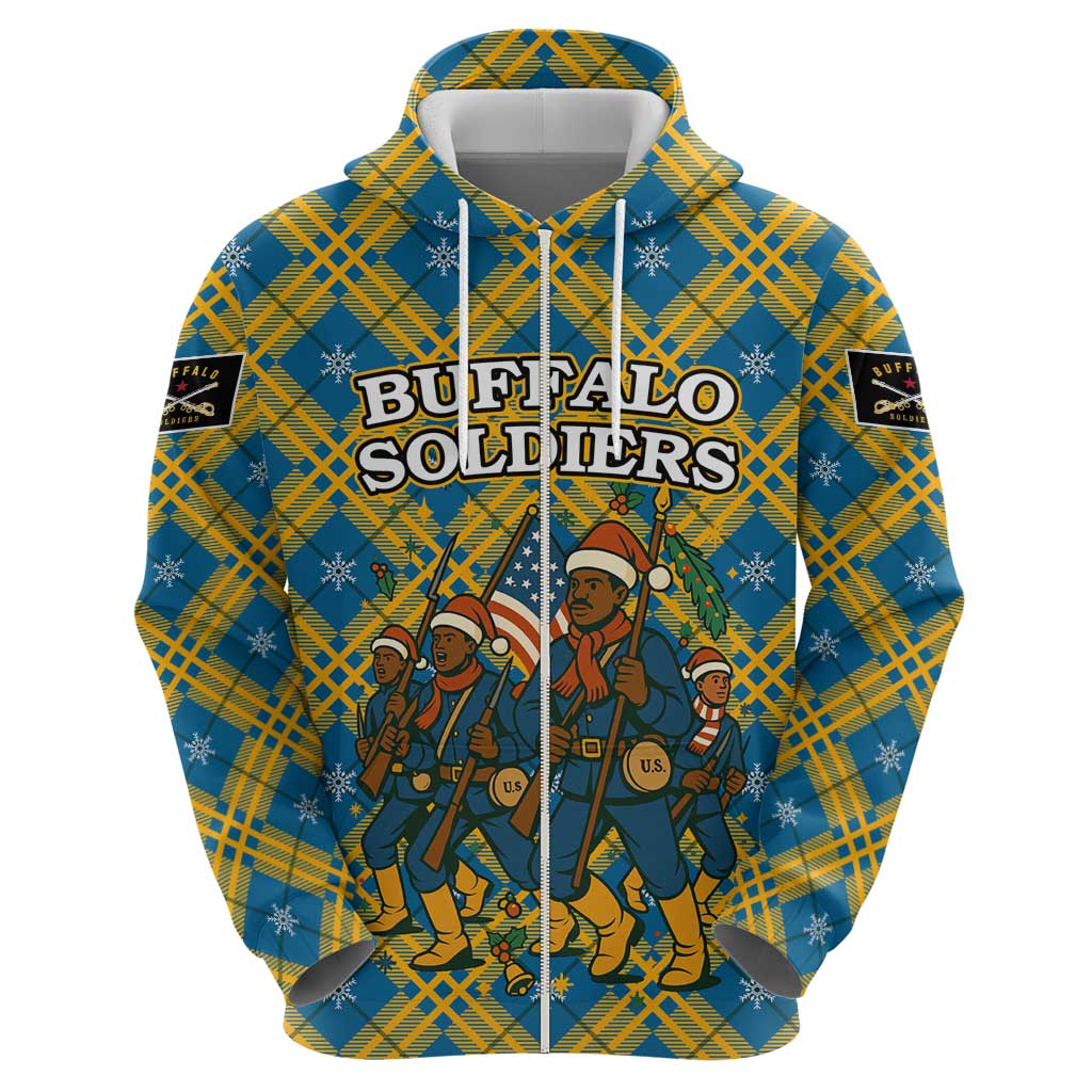 Buffalo Soldiers Christmas Zip Hoodie with Blue Yellow Plaid Parade Illustration Design - Wonder Print Shop