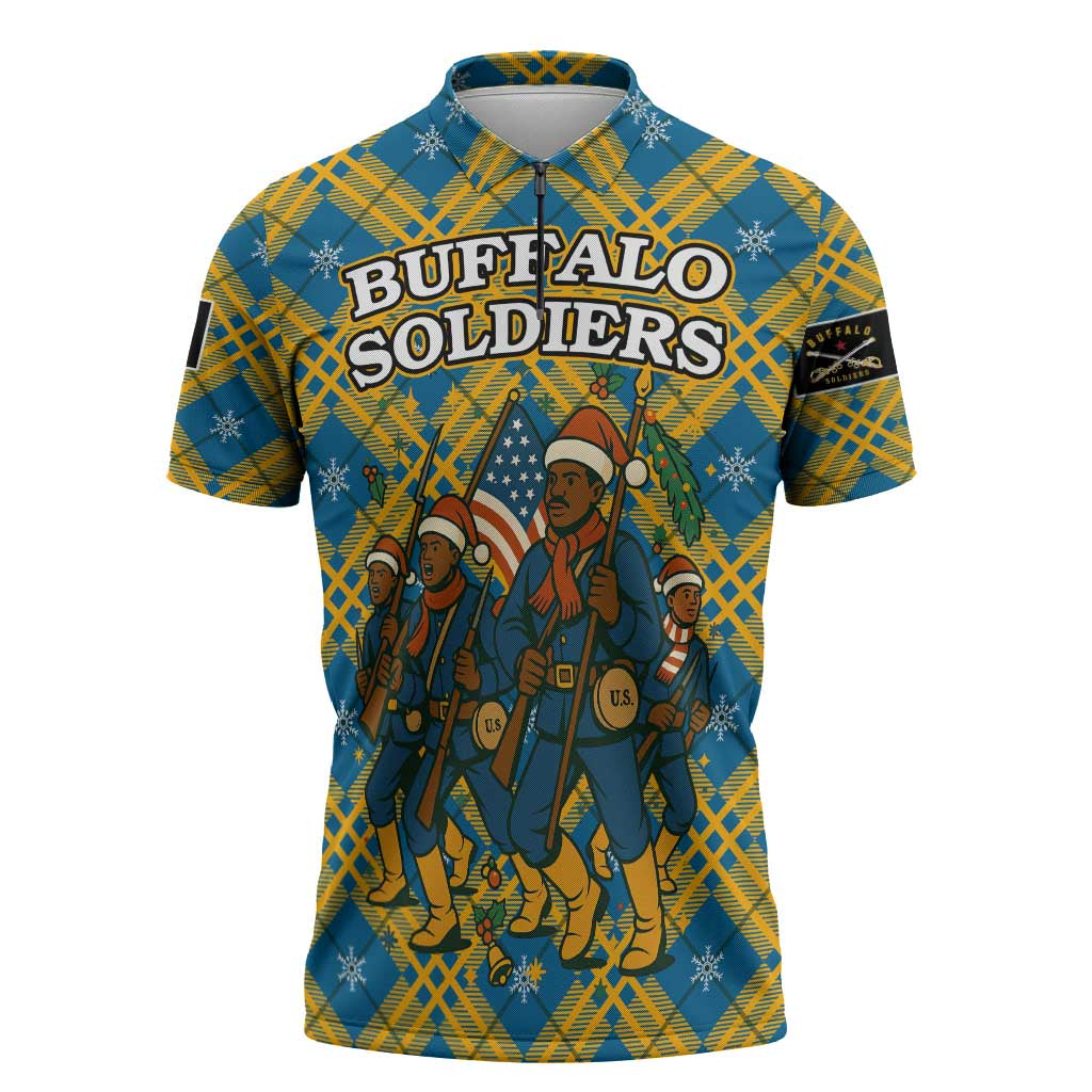 Buffalo Soldiers Christmas Zipper Polo Shirt with Blue Yellow Plaid Parade Illustration Design - Wonder Print Shop