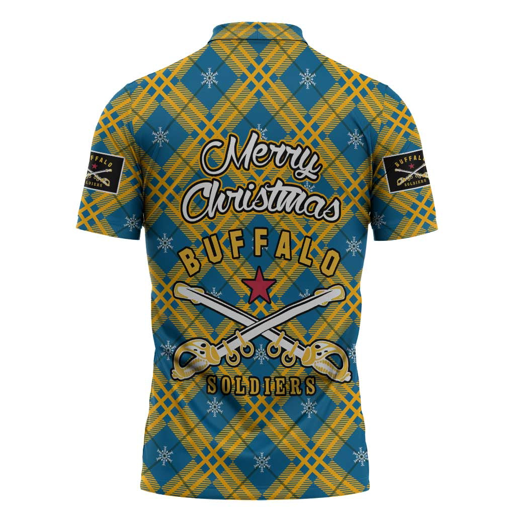 Buffalo Soldiers Christmas Zipper Polo Shirt with Blue Yellow Plaid Parade Illustration Design - Wonder Print Shop