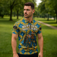 Buffalo Soldiers Christmas Zipper Polo Shirt with Blue Yellow Plaid Parade Illustration Design - Wonder Print Shop