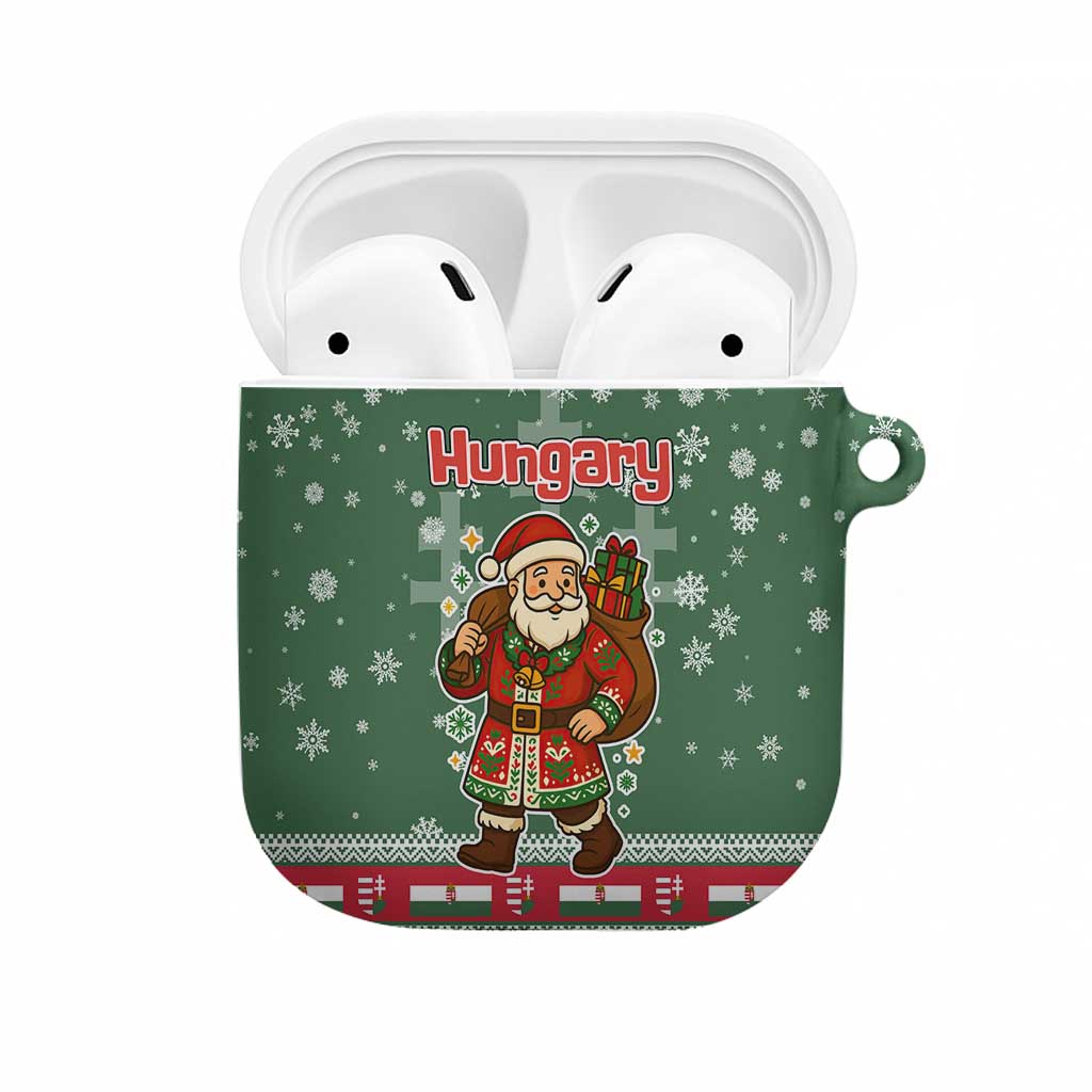 Hungary Christmas AirPods Case with Green Snowflake Pattern Santa Claus Motif - Wonder Print Shop