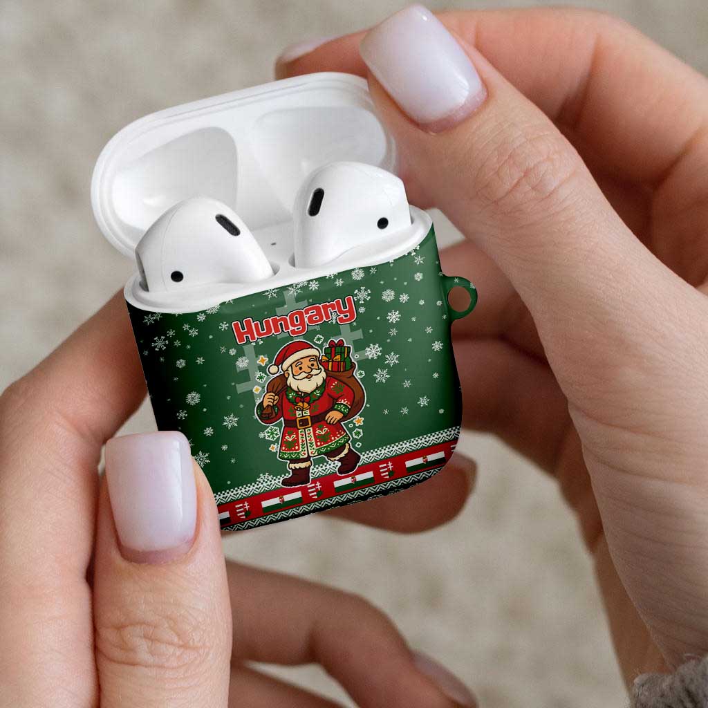Hungary Christmas AirPods Case with Green Snowflake Pattern Santa Claus Motif - Wonder Print Shop