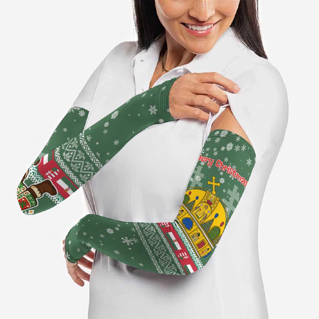 Hungary Christmas Arm Sleeves with Green Snowflake Pattern Santa Claus Motif - Wonder Print Shop