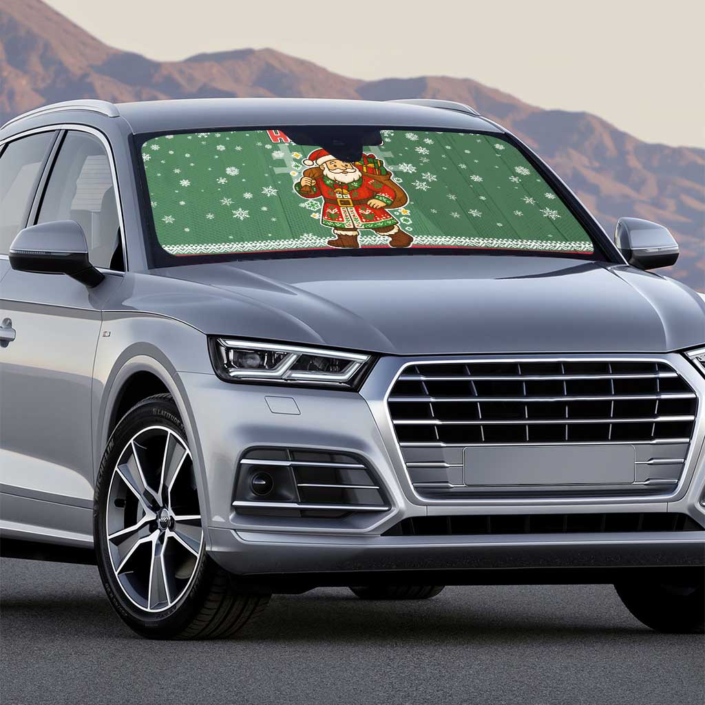 Hungary Christmas Auto Sun Shade with Green Snowflake Pattern Santa Claus Motif - Wonder Print Shop