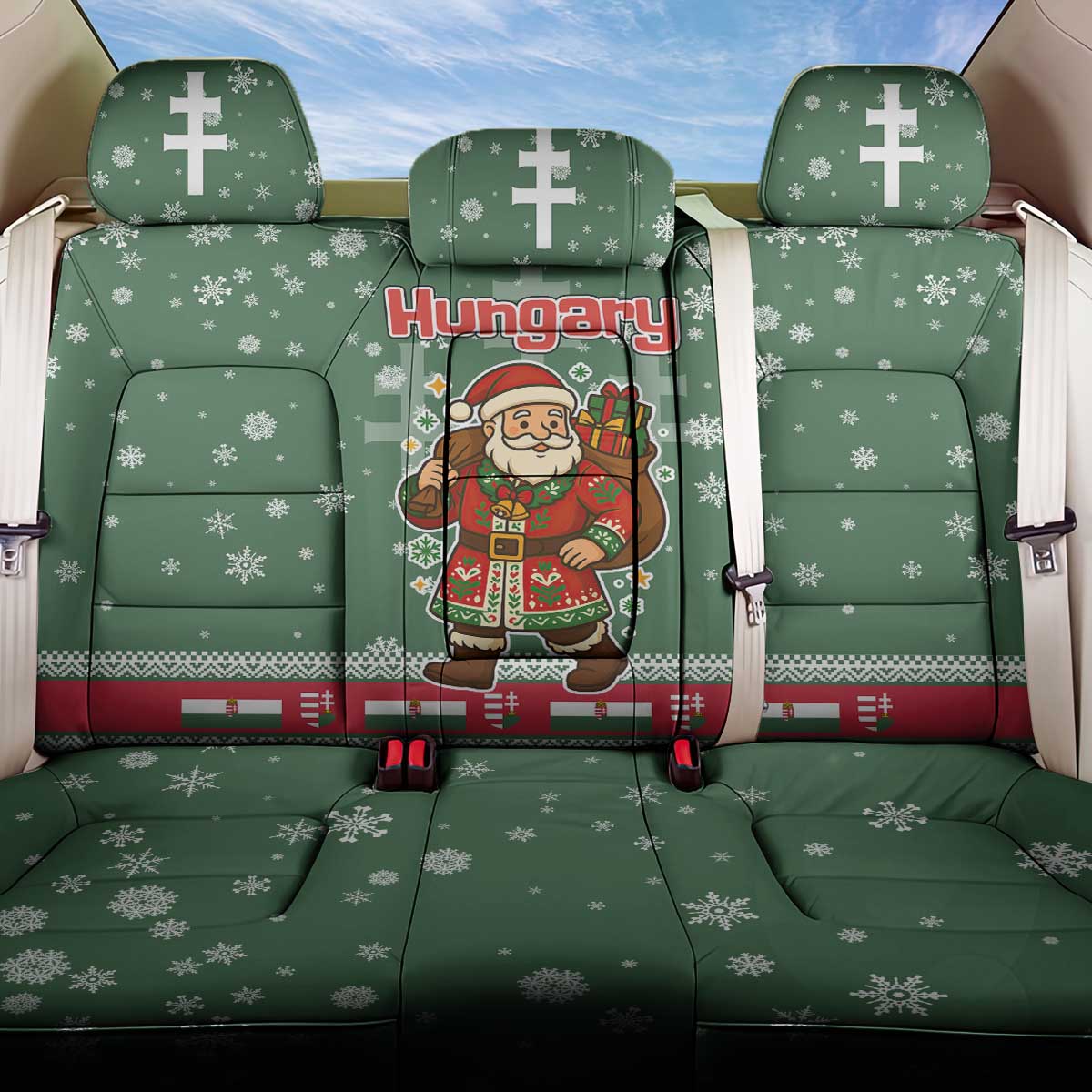 Hungary Christmas Back Car Seat Cover with Green Snowflake Pattern Santa Claus Motif - Wonder Print Shop
