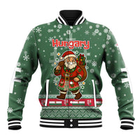 Hungary Christmas Baseball Jacket with Green Snowflake Pattern Santa Claus Motif - Wonder Print Shop