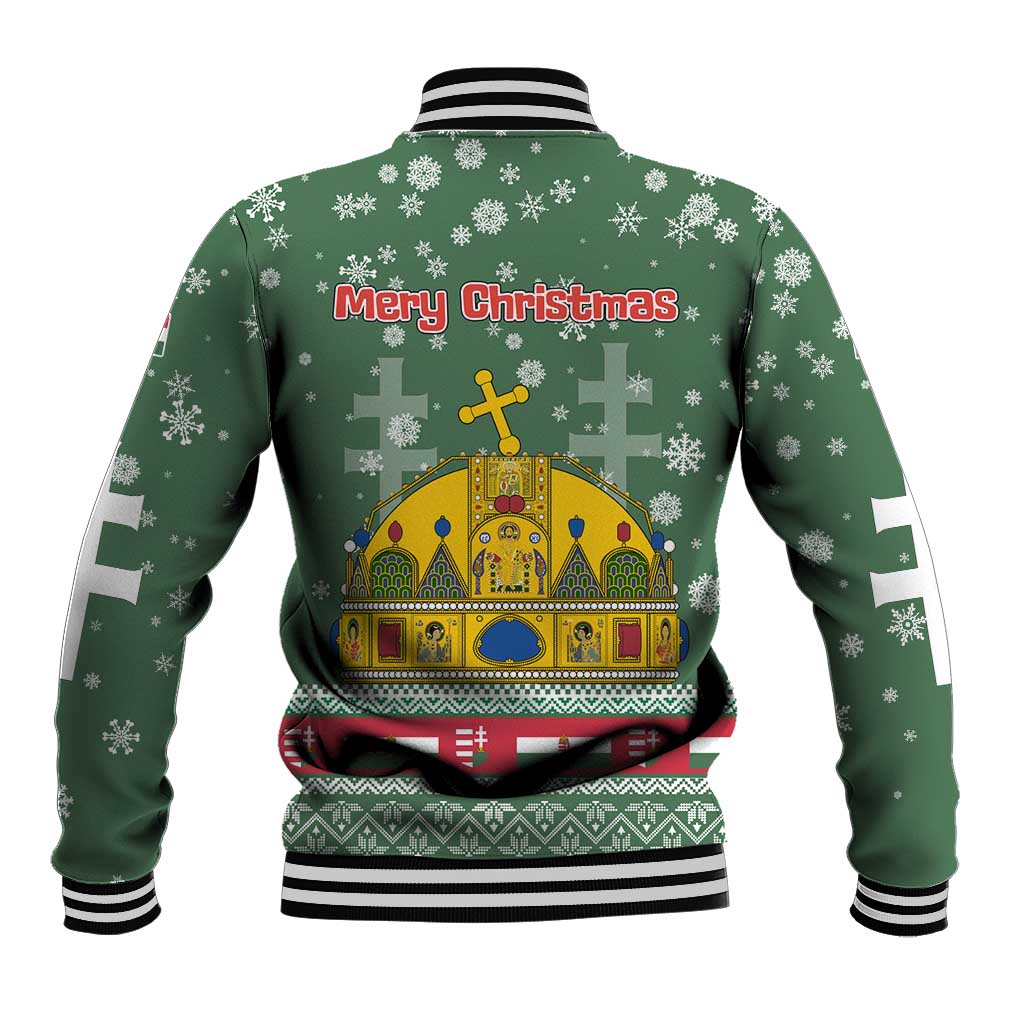 Hungary Christmas Baseball Jacket with Green Snowflake Pattern Santa Claus Motif - Wonder Print Shop