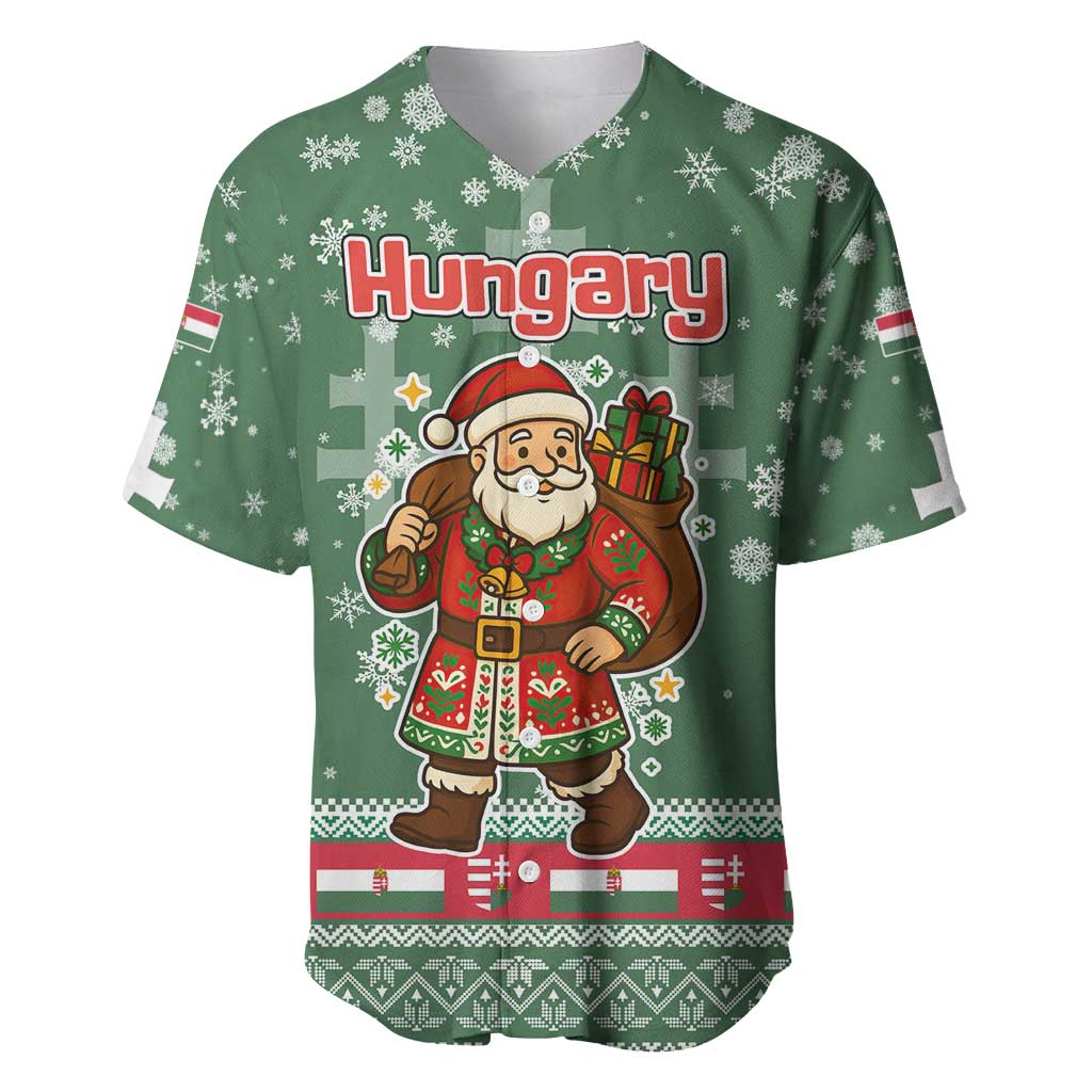 Hungary Christmas Baseball Jersey with Green Snowflake Pattern Santa Claus Motif - Wonder Print Shop