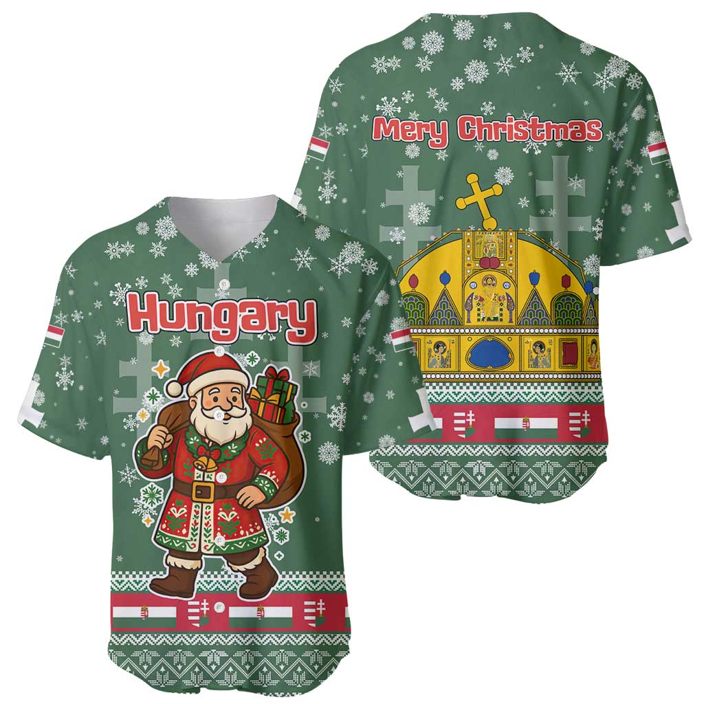 Hungary Christmas Baseball Jersey with Green Snowflake Pattern Santa Claus Motif - Wonder Print Shop