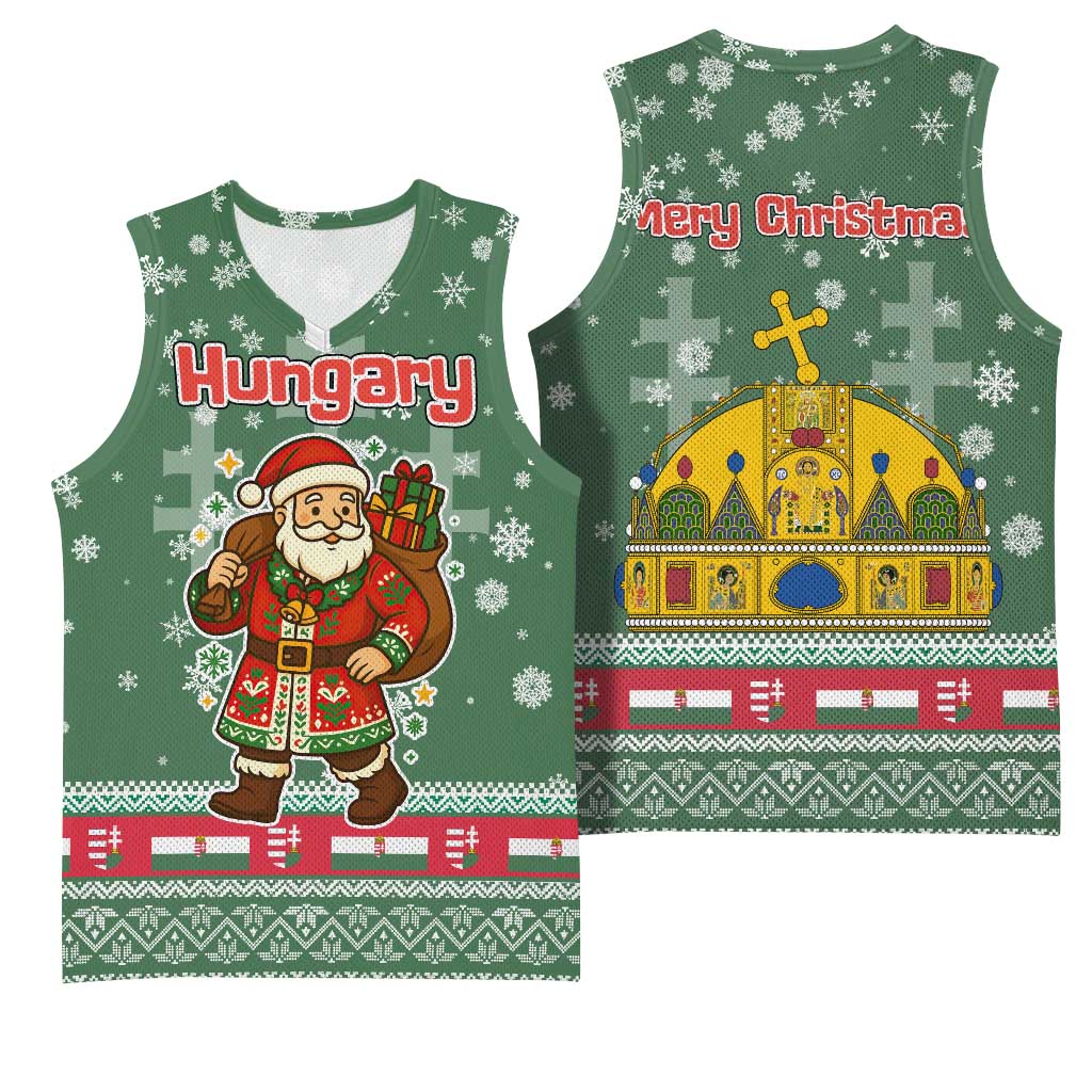 Hungary Christmas Basketball Jersey with Green Snowflake Pattern Santa Claus Motif - Wonder Print Shop