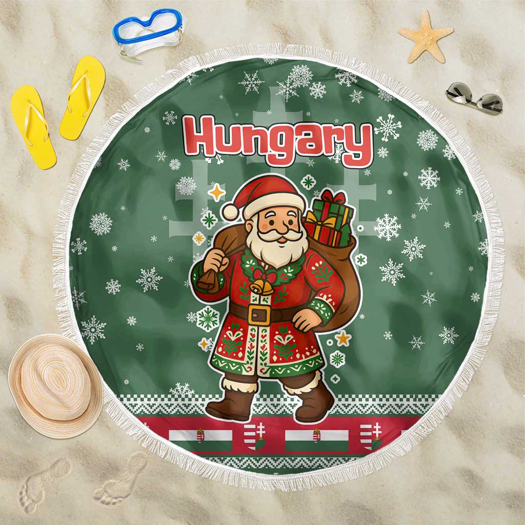 Hungary Christmas Beach Blanket with Green Snowflake Pattern Santa Claus Motif - Wonder Print Shop