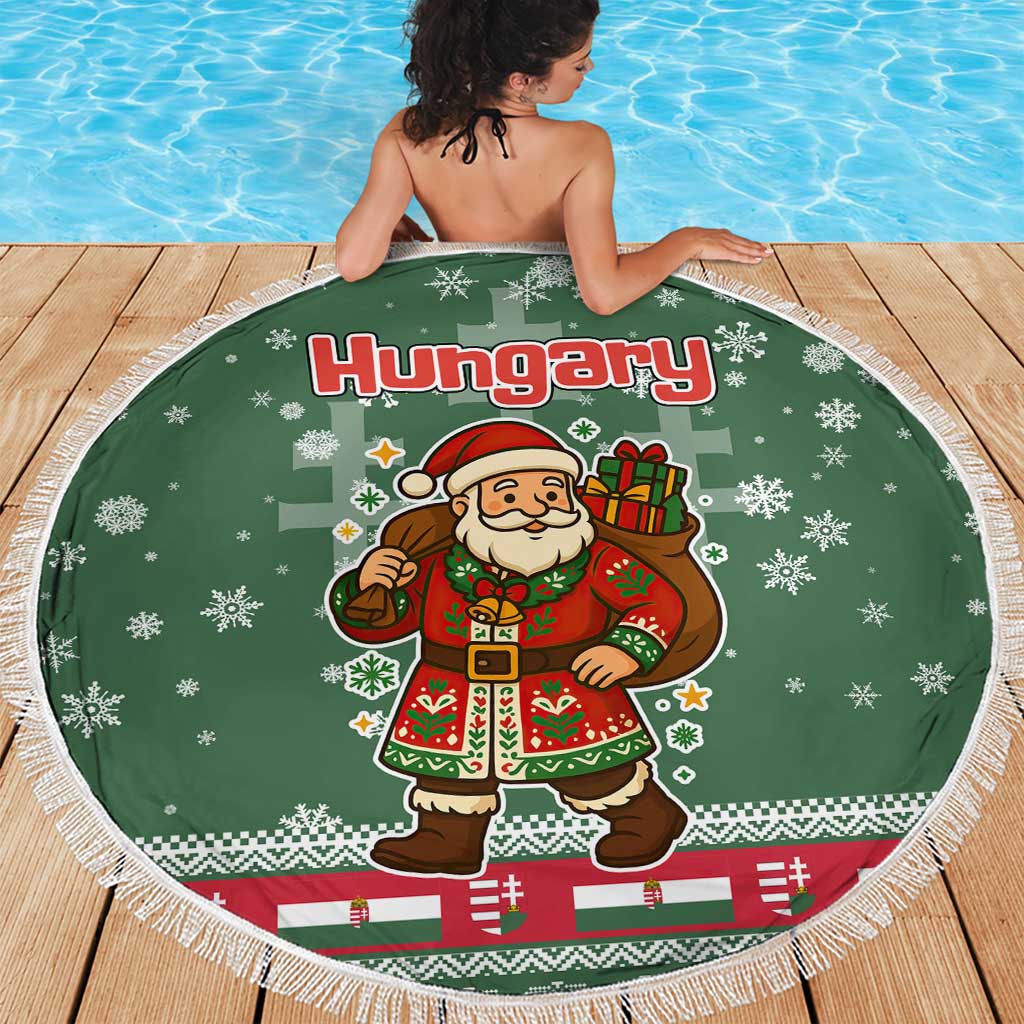 Hungary Christmas Beach Blanket with Green Snowflake Pattern Santa Claus Motif - Wonder Print Shop