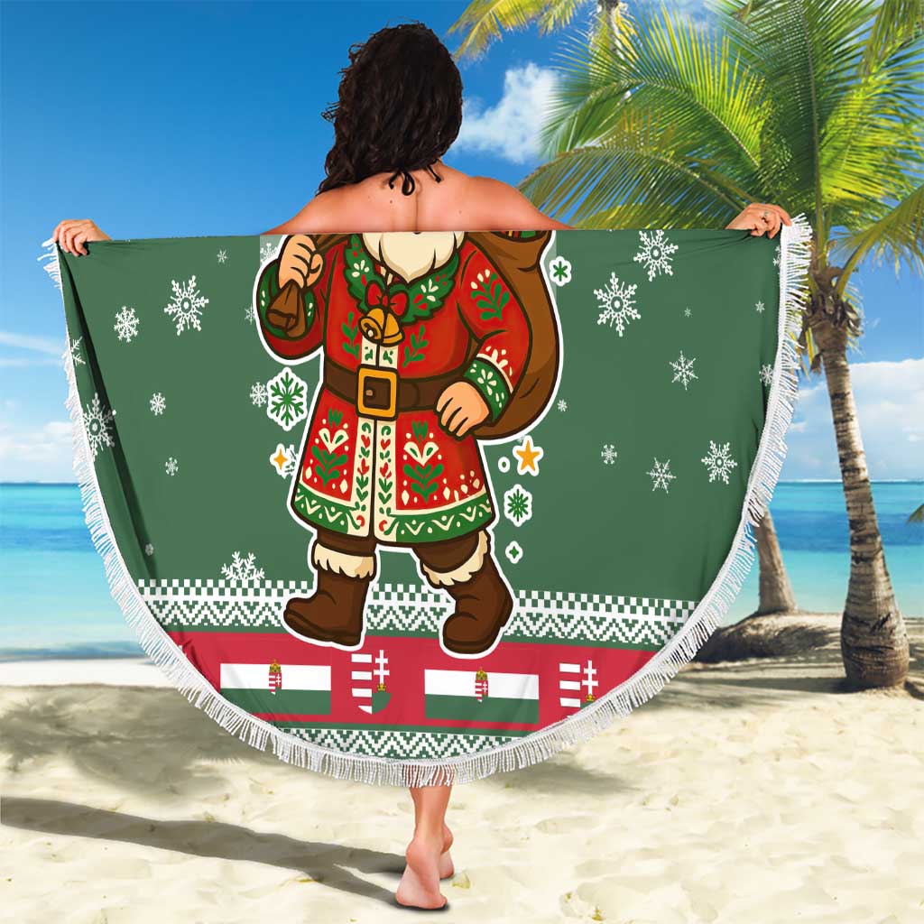 Hungary Christmas Beach Blanket with Green Snowflake Pattern Santa Claus Motif - Wonder Print Shop